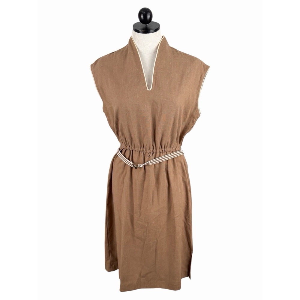 Vintage 60s 70s Brown Slub Midi‎ Dress ILGWU Union Made USA Belted Size 14